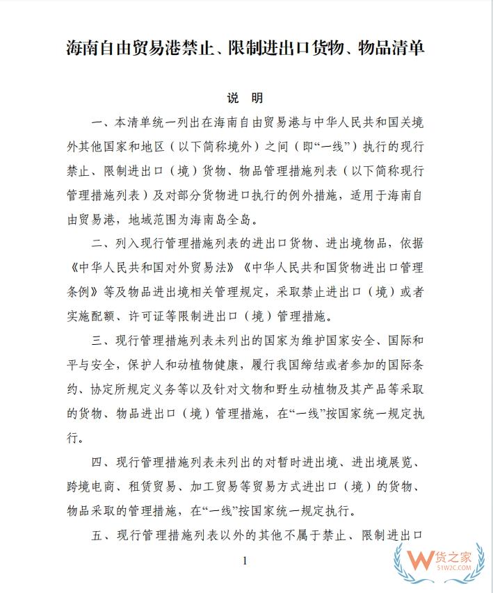 海南自由貿(mào)易港禁止、限制進(jìn)出口貨物、物品清單